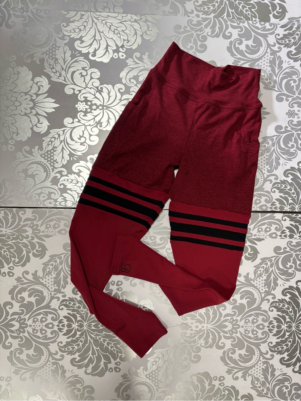 Bombshell Sportswear Burgundy Kids Leggings with Black Stripes